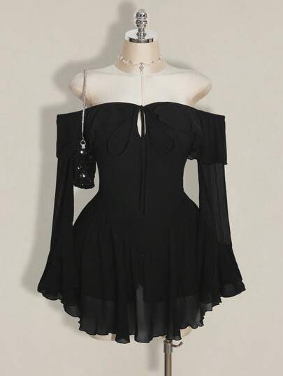 SHEIN ICON Vestido de manga acampanada con hombros descubiertos minimalista de talla grande, otoño