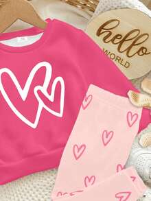 Pink & Cream, Cute & Sweet Girly Heart Series, Baby Girl Casual Comfortable Soft Warm Crew Neck Long Sleeve Sweatshirt And Leggings Set, Suitable For Autumn/Winter Daily Wear, New Year, Outings, Home - Multicolor - View 6