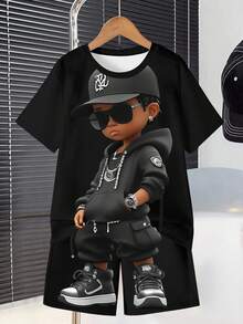 SHEIN Fantacosmos Tween Boy Comfortable 2pcs/Set Casual T-Shirt And Shorts Knitwear Outfit, School, Campus, College - Black - View 4