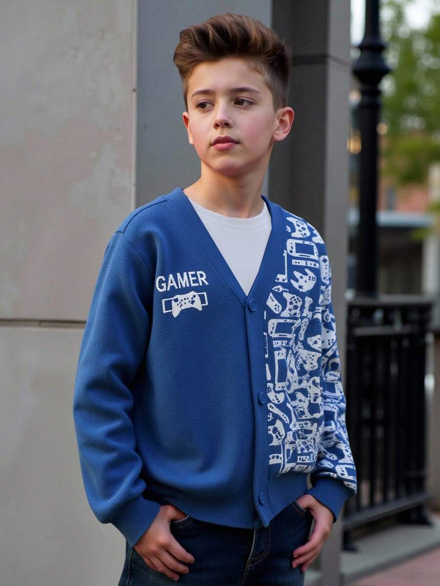 Fantacosmos 男童游戲機提花圖案顏色積木針織開衫 - 彩色 - 查看 1