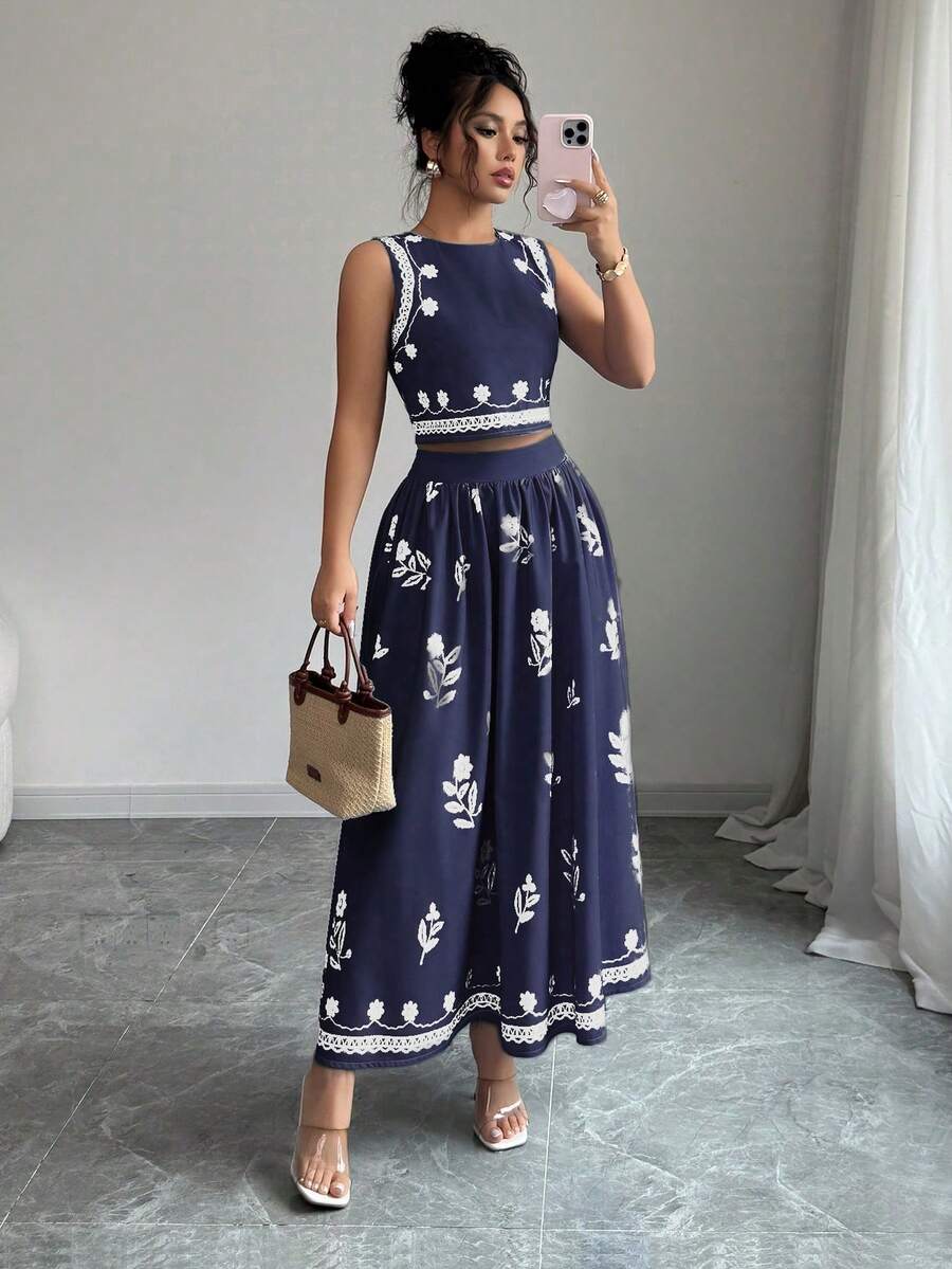 Selianne 2件套女士休闲印花背心和裙子套装，度假装 - 藏蓝色 - 查看 1