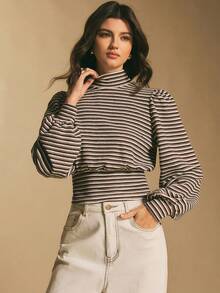 Poéselle 女士条纹高领泡泡袖针织上衣，修身罗纹长袖T恤，轻松打造秋季叠穿造型；条纹高领上衣，高领长袖泡泡袖上衣，Y2K条纹上衣，舒适秋季时尚优雅上衣 - 棕色 - 查看 1