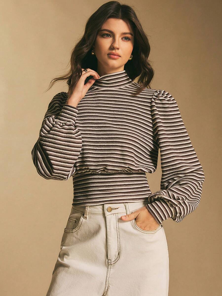Poéselle 女士条纹高领泡泡袖针织上衣，修身罗纹长袖T恤，轻松打造秋季叠穿造型；条纹高领上衣，高领长袖泡泡袖上衣，Y2K条纹上衣，舒适秋季时尚优雅上衣 - 棕色 - 查看 1