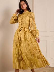 Lilora Elegant Solid Gold Jacquard Mandarin Collar Button Front Waist Gathered Puff Sleeve Long Sleeve Dress For Women, Autumn/Winter,Vintage,Party,Valentine's Day,Dance Party,Holiday,Wedding Guest,Party Dresses,New Years,Western,Old Money,Gown For Prom Night,Prom,Printemps à été,Going Out,Vintage,رمضان,Spring To Summer - Yellow - View 7