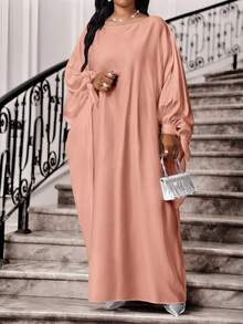 SHEIN Lady 秋冬优雅通勤办公室端庄婚礼白色梭织缎面圆领舞会礼服蝙蝠袖系带束腰连衣裙长袖加大码连衣裙 - 藕粉色 - 查看 3