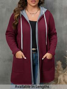 SHEIN PETITE CURVE Plus 双口袋冬季女装抽绳连帽外套 - 酒紅色 - 查看 1