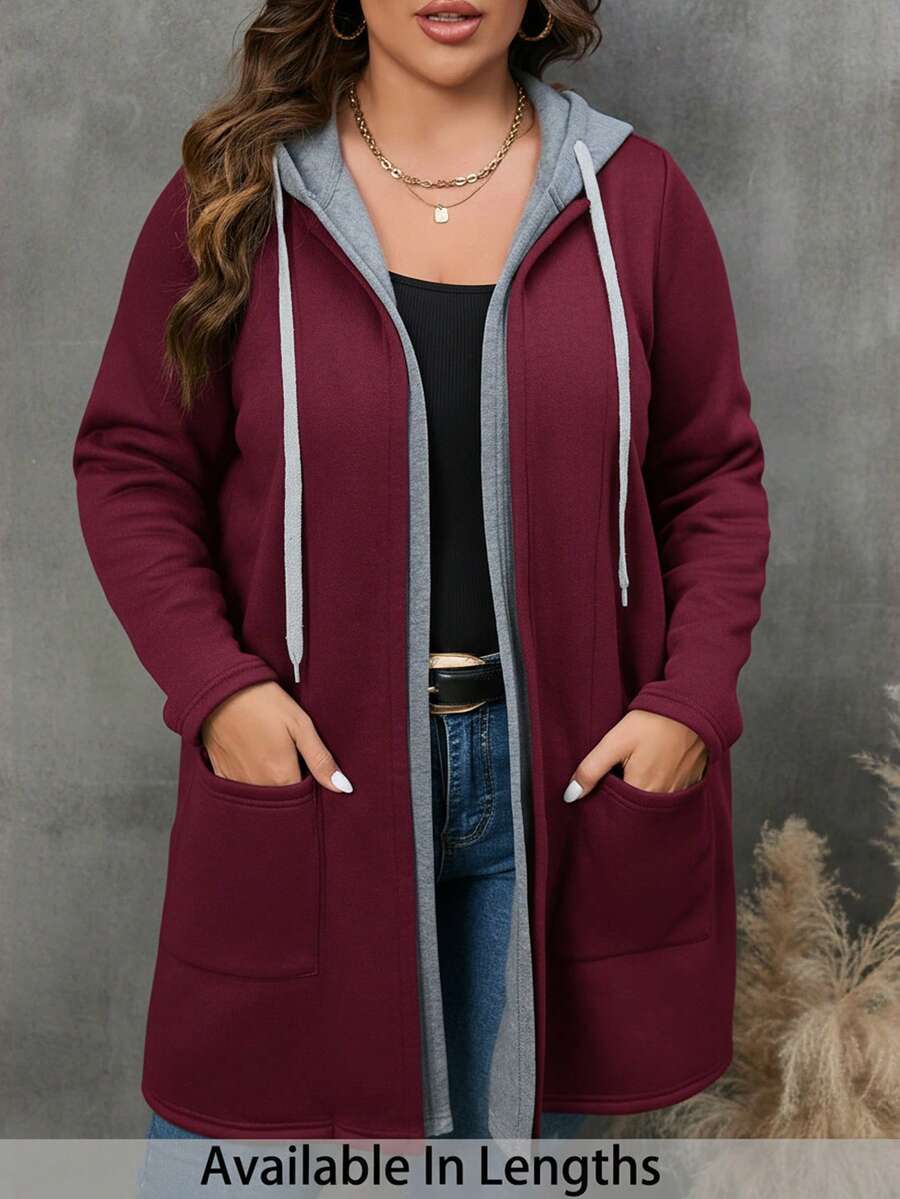 SHEIN PETITE CURVE Plus 双口袋冬季女装抽绳连帽外套 - 酒紅色 - 查看 1