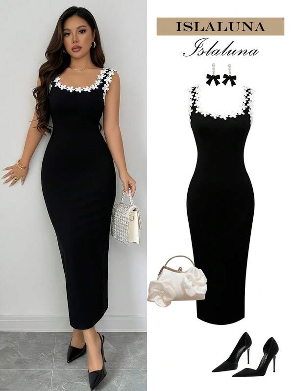 Islaluna Robe à fente et décor floral pour femmes, automne/hiver. Polyvalente et ajustée, convient pour toutes les saisons