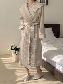 DAZY Women's Plaid Textured Fabric Lace Trim Hooded Loose Long Robe, Autumn/Winter - Khaki - View 6