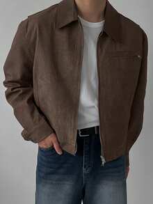 DAZY 男士撞色领棕色夹克外套，秋冬季 - 咖啡棕 - 查看 7