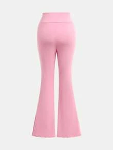 SHEIN Serisse Kids Tween Girls Casual Solid Color Long Sleeve Top Tee And Flared Pants 2Pieces Set, Suitable For Autumn/Winter, Daily Wear Girls Pants Suit Casual Two Piece Set Pink Two Piece Set - Watermelon Pink - View 9