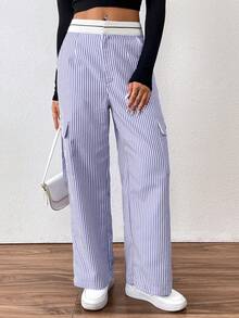 SHEIN Unity 女士休闲条纹直筒工装裤 - 寶藍色 - 查看 1