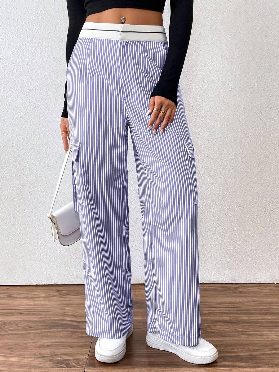 SHEIN Unity 女士休闲条纹直筒工装裤 - 寶藍色 - 查看 1