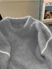 SHEIN PETITE Women's Retro Gray Sweater, Soft & Loose Knit Top, Autumn/Winter - Grey - View 3