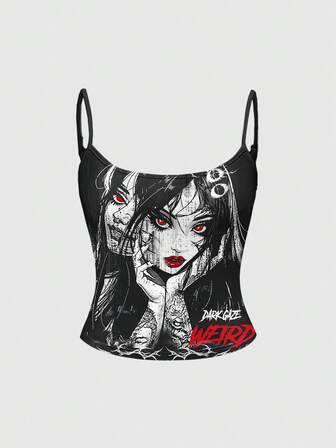 Anime Canotta da donna con decorazione occhio dark, demoniaca, orrore, adatta per San Valentino e Capodanno, in stile Y2K, punk e sexy