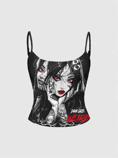 ROMWE Anime Camiseta sin mangas con estampado de ojo estético de terror, demonio oscuro, Año Nuevo, Día de San Valentín, estilo callejero punk y sexy para mujer