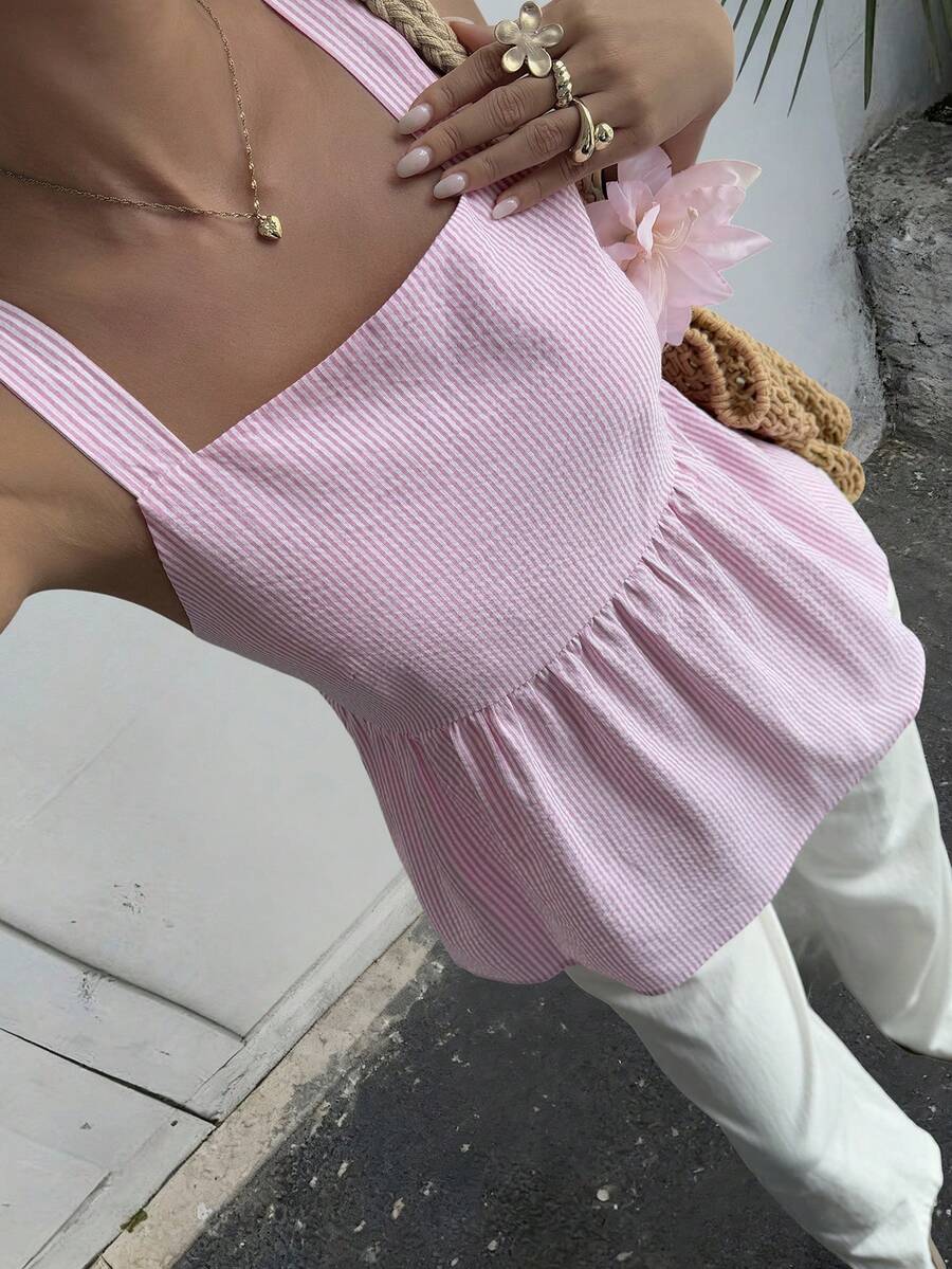 DAZY Women's Summer Striped Waist Cinching Casual Vacation Style Camisole - Pink - View 1