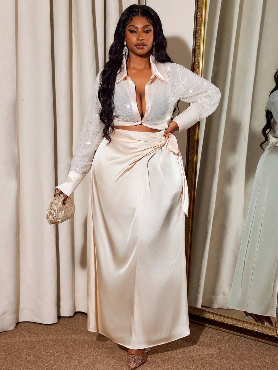 Truni 大码女式A字系带腰身半身裙，松紧腰设计，真丝面料，米白色，优雅缎面，适合梨形三角身材/2026/新年 - 杏色 - 查看 1