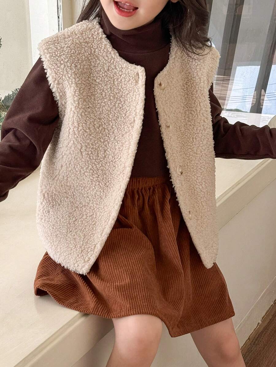 Genkimix Kids Genkimix Young Girl Casual Solid Color Faux Wool Vest Jacket,Versatile Apricot Outerwear,Suitable For Outings,School,Indoor Casual Wear Fall Winter - Apricot - View 1
