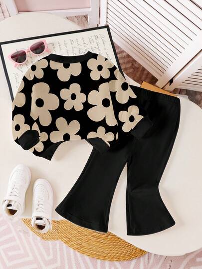 SHEIN Playful Pals 一套女婴休闲碎花圆领卫衣和喇叭裤套装，适合秋冬季外出穿着