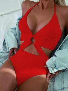 Swim SXY 2026春夏纯色红色银色圆环露背交叉深V领性感露背短款比基尼泳衣 - 紅色 - 查看 3