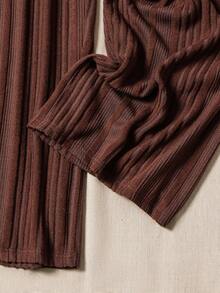 Lacomfia Quần ống rộng cạp chun co giãn họa tiết gân màu nâu cỡ lớn thường ngày - Rỉ Nâu - Xem 4