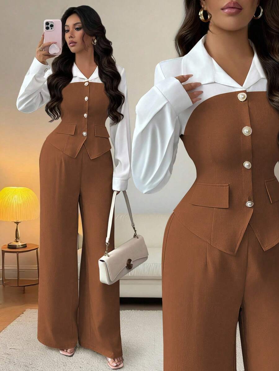 SHEIN Elenzya 新款秋季休闲时尚通勤优雅套装，二合一珍珠纽扣领拼接修身开衩长袖衬衫+松紧腰阔腿裤，适合教师节、节假日、独立日等场合。 - 棕色 - 查看 1