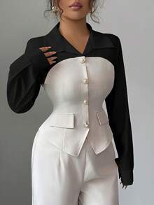SHEIN Elenzya New Arrival Autumn Casual Chic Commuting Elegant Suit, 2 In 1 Pearl Button Collar Splice Waist Slimming Slit Long Sleeve Shirt + Elastic Waist Wide Leg Pants, Suitable For Teacher's Day, Holidays, Independence Day
