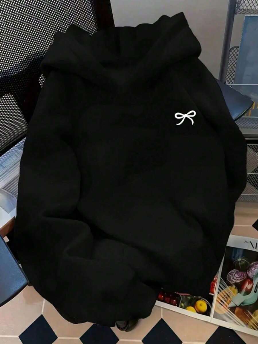 Mujer sudadera casual patrón lazo ajustada cuello con capucha manga larga otoño invierno uso diario sudadera - Negro - Ver 1