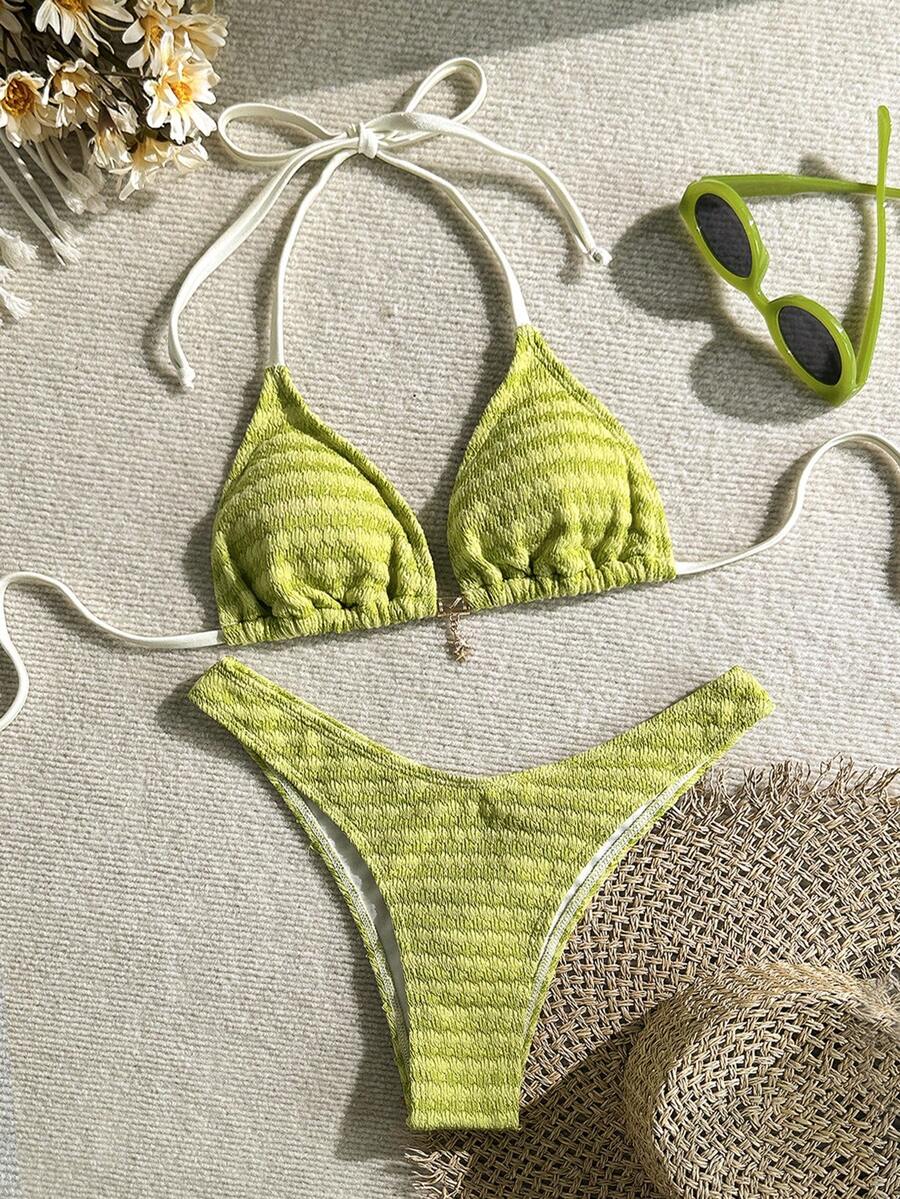 SHEIN Swim 2pcs Vacation Special Fabric Green Spaghetti Strap Triangle ...
