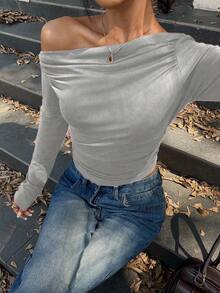Flirla Casual Solid Color Asymmetric Collar Fitted Cropped T-Shirt, Autumn - Grey - View 4