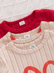 SHEIN 6件套可爱女童春秋季罗纹面料蝴蝶结印花/蝴蝶结满印/纯色玫红色长袖弧形下摆T恤和修身长裤休闲时尚套装 - 紅色 - 查看 4