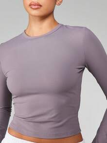 MISSGUIDED Women Long Sleeve Fitted Crew Neck Base Layer Top Ribbed Knit Athletic Underlayer Shirt Fall Winter Essential - Grey - View 5