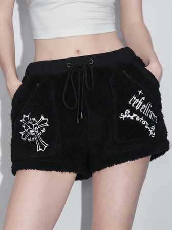 Plus Size Women's Y2K Gothic Cross Embroidered Fuzzy Shorts