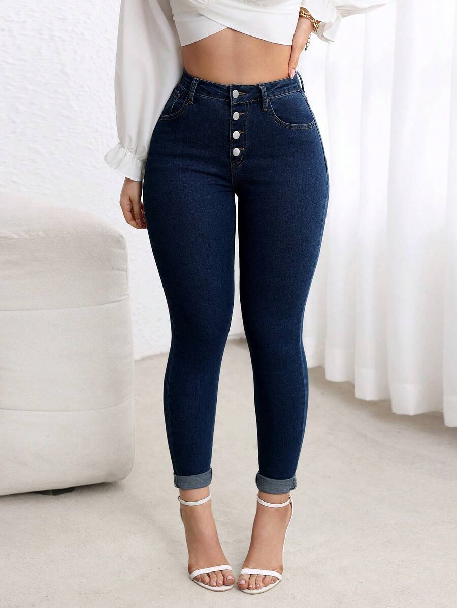 Elenzga Celana Jeans Denim Gaya Jalanan Kasual Wanita - Dark Wash - View 1