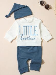 SHEIN HELLO Letter Embroidered Newborn Photography Outfit, Baby Boys/Girls Top, Pants, Hat 3pcs Set, Infant 1 Month To 100 Days Studio Photo Shoot Clothing