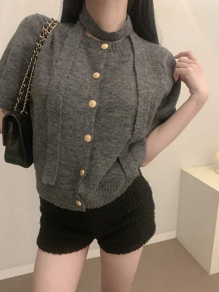 Women's Round Neck Korean Style Tie-Up Puff Sleeve Knitted Sweater Top