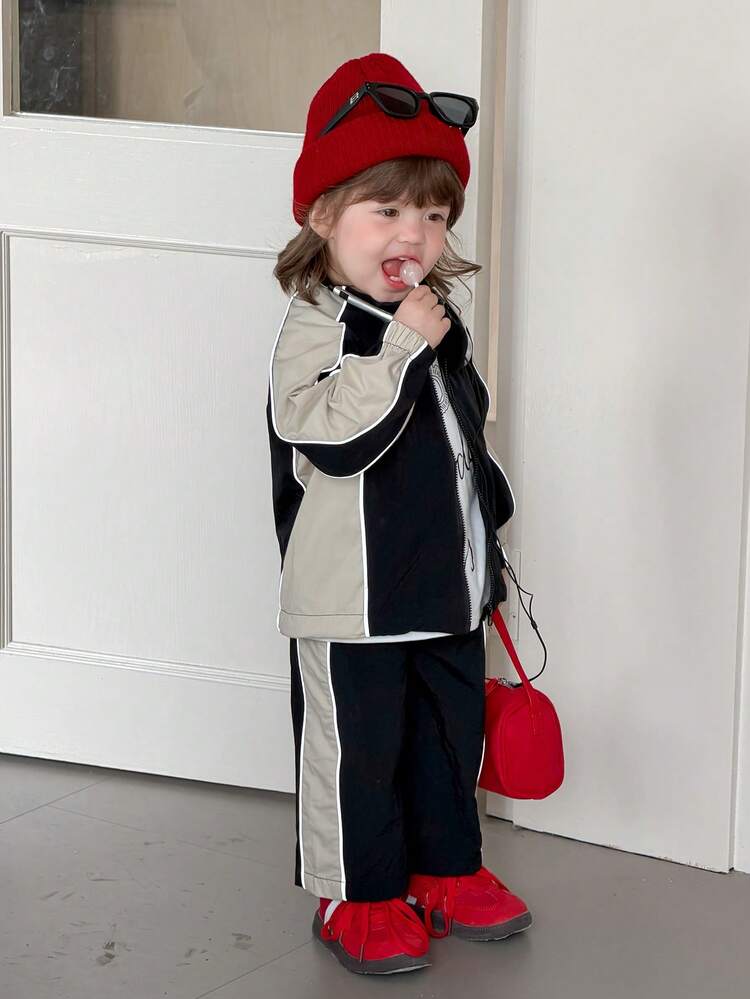 2pcs Baby Girls Casual Color Block Patchwork Korean Style Jacket And Long Pants Set Toddler Girls Clothes