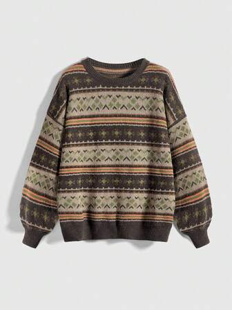 Fairycore Femmes grande taille Pullover ample à manches longues avec motif géométrique rétro, Automne/Hiver