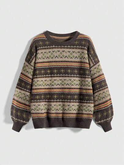 Fairycore Plus Size Women Geometric Pattern Long Sleeve Loose Retro Pullover Sweater, Autumn/Winter