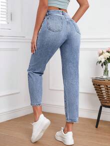 Flexra 女士高腰带口袋休闲百搭锥形七分牛仔裤 - 淺色水洗藍 - 查看 2