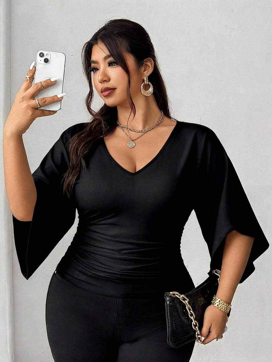 Elenzga 大码束腰休闲法式百搭T恤 - 黑色 - 查看 1