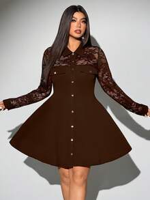 Viva Relle Gaun Lengan Panjang Patchwork Renda Ukuran Besar - Coklat - View 4
