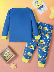 SpongeBob SquarePants | SHEIN 2件套男婴卡通图案圆领长袖上衣和裤子针织舒适休闲弹力睡衣套装 - 藍色 - 查看 2