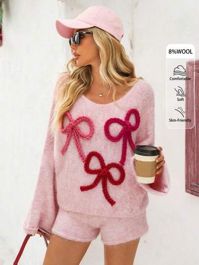 Vivid Eden 秋冬款女士蝴蝶结装饰蝙蝠袖毛衣和针织短裤两件套