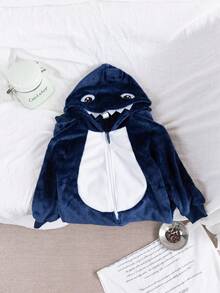 Genkimix Kids 2pcs Young BoyBlue & White Reversible Fleece Monster Claw Hooded Jumpsuit With Gloves Pajama Set Shark Sleepsuit Toddler Pajamas Boy Pajamas Night Clothes For Kids Kids Kigurumi