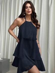 Firerie 优雅浪漫的露背层叠下摆白色欧根纱吊带泡泡袖连衣裙，适合情人节穿着 - 藏蓝色 - 查看 7