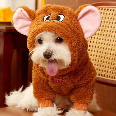 TOM & JERRY X PETSIN 1 件装 Jerry 刺绣立体耳朵装饰可爱双面毛绒材质保暖舒适连帽衫狗狗连帽衫 Jerry Cosplay 连帽衫