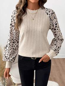 SHEIN Clasi 女士罗纹印花优雅长袖上衣 - 米色 - 查看 6