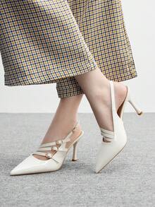CUCCOO BIZCHIC 2.95in Heel Pointed Toe Slingback Pumps, Casual Closed Toe Slip-On Heels With Triple Buckle Decor, Beige Patent Leather, Suitable For Office, Commute, Party For Christmas